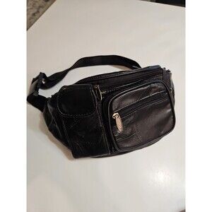 Vintage Tinder Leather Patchwork Black Large Boho Waist Fanny Pack 6 pkt Travel